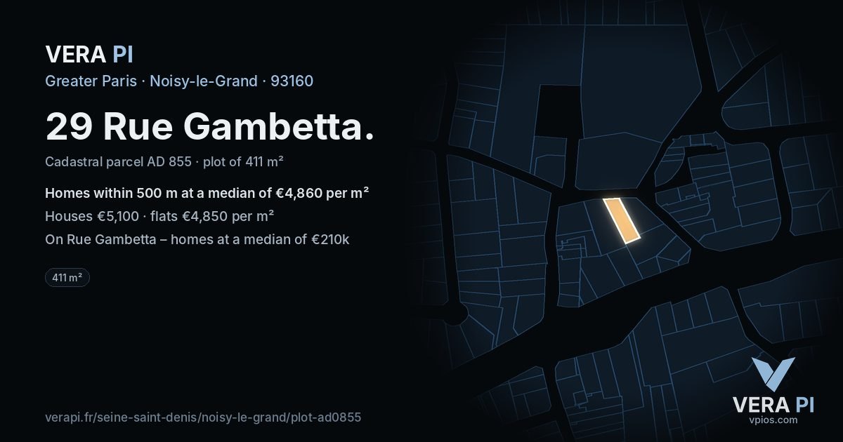 29 Rue Gambetta, Noisy-le-Grand at night – the plot lit, the parcels around coloured by the prices near them