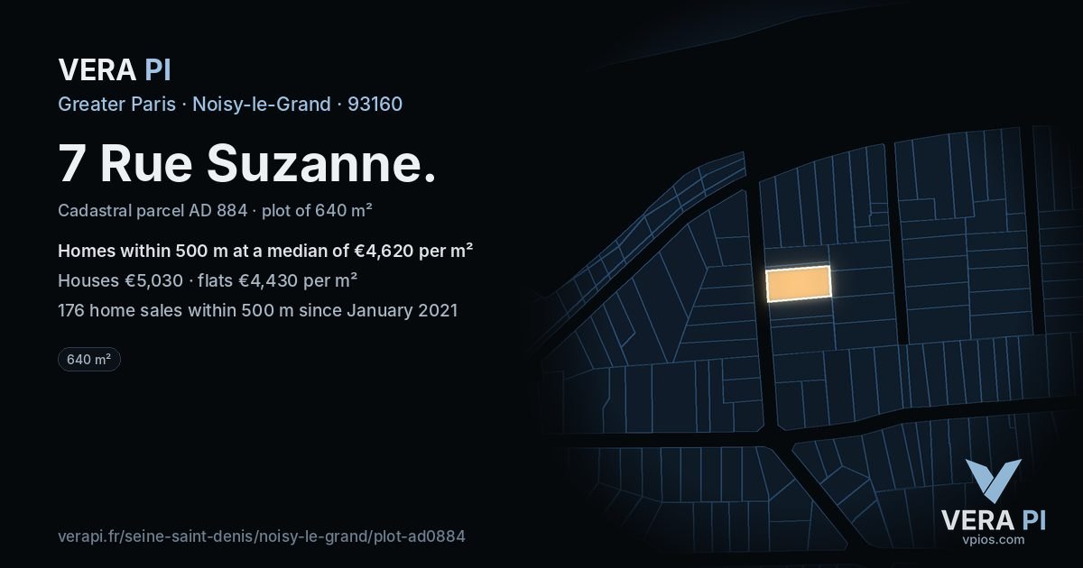 7 Rue Suzanne, Noisy-le-Grand at night – the plot lit, the parcels around coloured by the prices near them