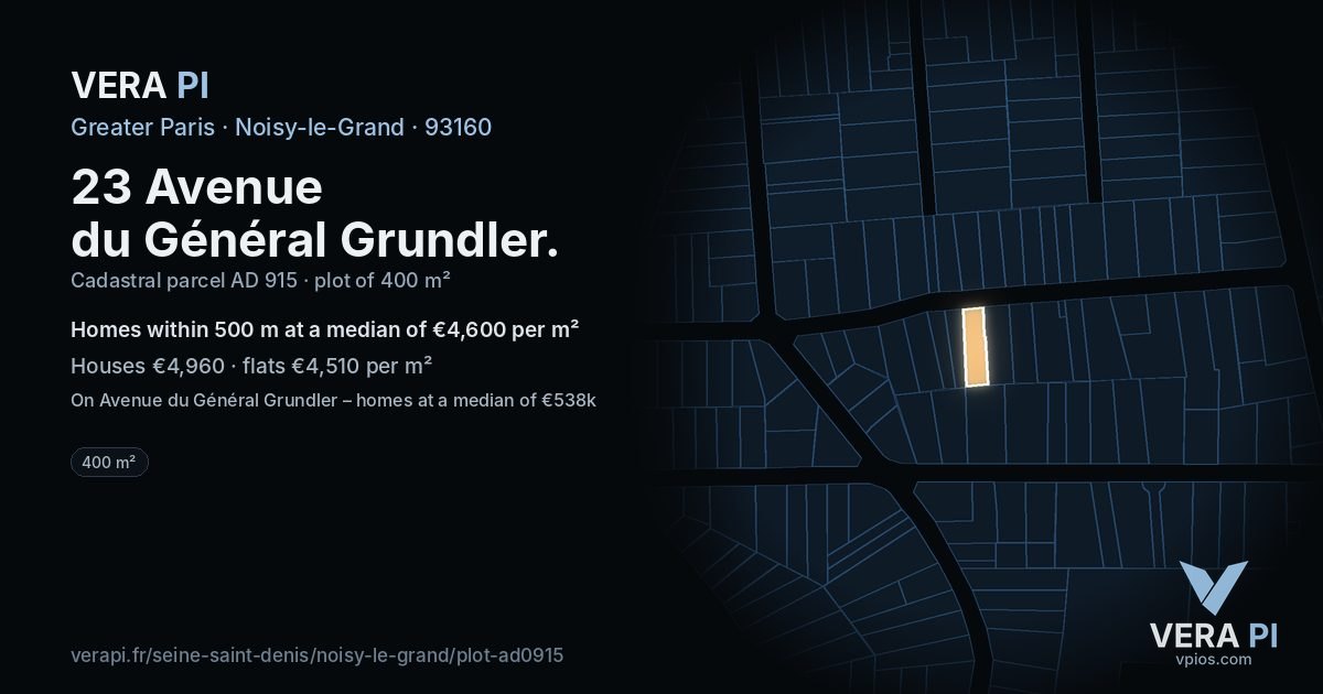 23 Avenue du Général Grundler, Noisy-le-Grand at night – the plot lit, the parcels around coloured by the prices near them