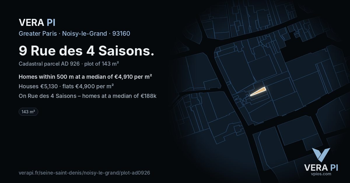 9 Rue des 4 Saisons, Noisy-le-Grand at night – the plot lit, the parcels around coloured by the prices near them
