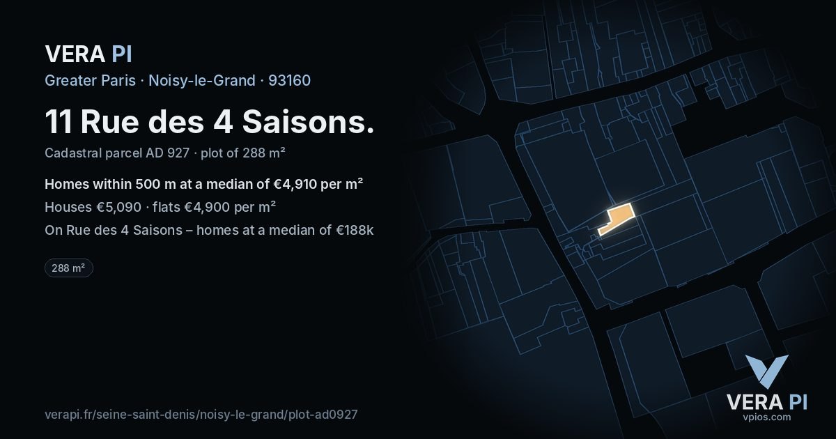 11 Rue des 4 Saisons, Noisy-le-Grand at night – the plot lit, the parcels around coloured by the prices near them