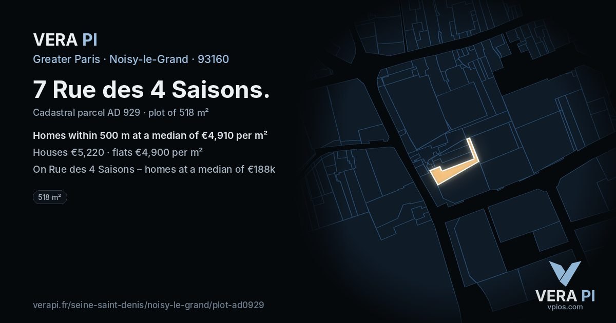 7 Rue des 4 Saisons, Noisy-le-Grand at night – the plot lit, the parcels around coloured by the prices near them