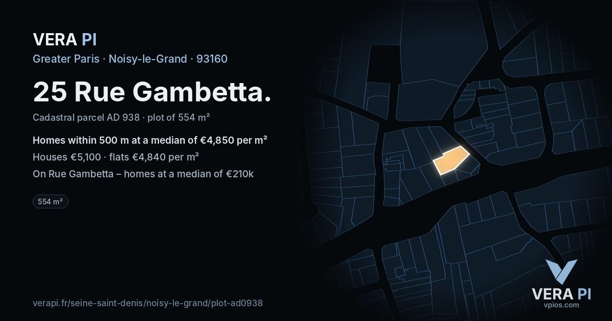 25 Rue Gambetta, Noisy-le-Grand at night – the plot lit, the parcels around coloured by the prices near them