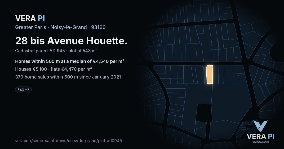 28 bis Avenue Houette, Noisy-le-Grand at night – the plot lit, the parcels around coloured by the prices near them