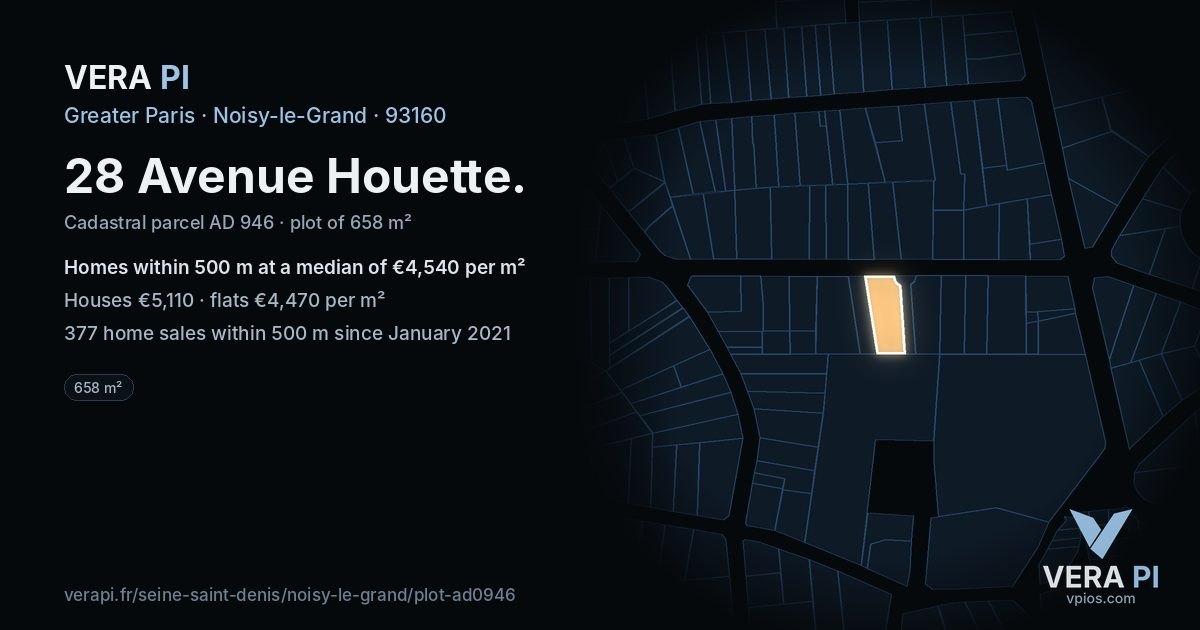 28 Avenue Houette, Noisy-le-Grand at night – the plot lit, the parcels around coloured by the prices near them