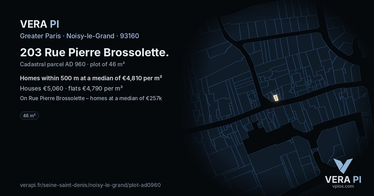 203 Rue Pierre Brossolette, Noisy-le-Grand at night – the plot lit, the parcels around coloured by the prices near them
