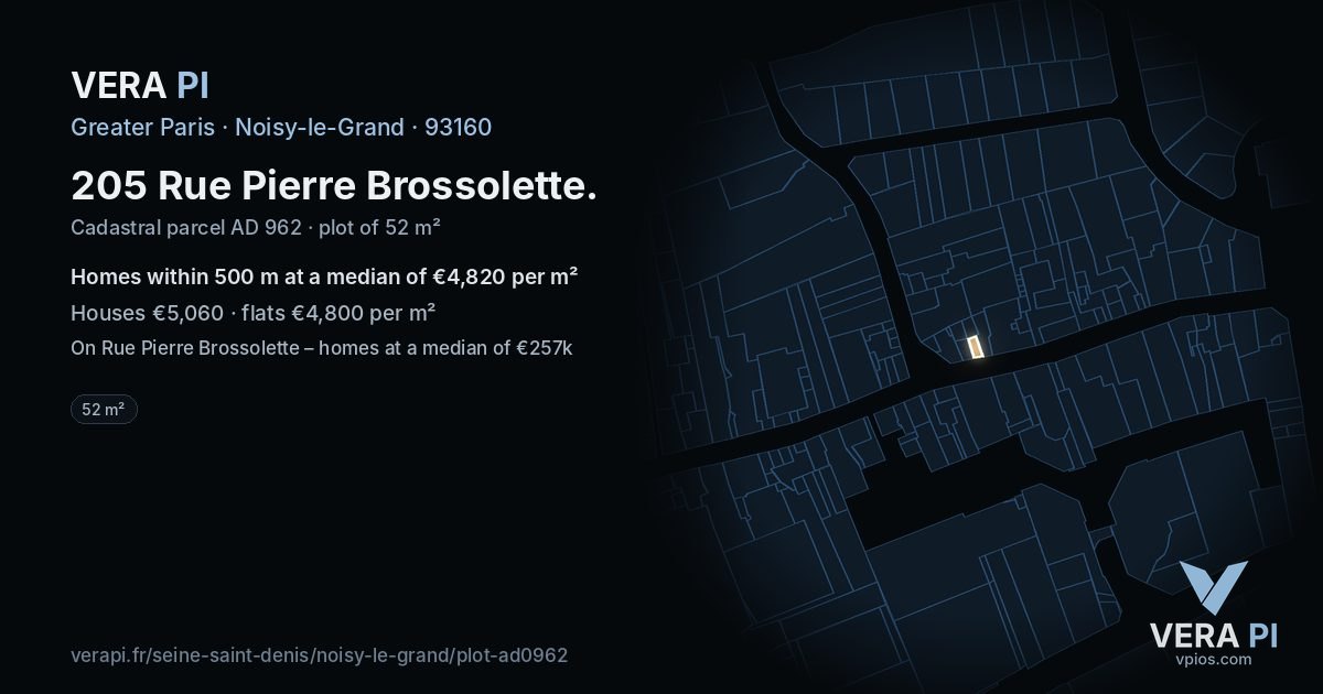 205 Rue Pierre Brossolette, Noisy-le-Grand at night – the plot lit, the parcels around coloured by the prices near them