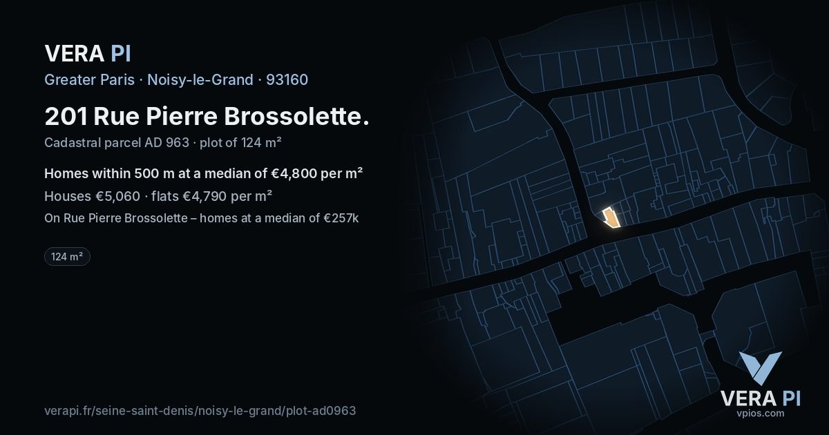 201 Rue Pierre Brossolette, Noisy-le-Grand at night – the plot lit, the parcels around coloured by the prices near them