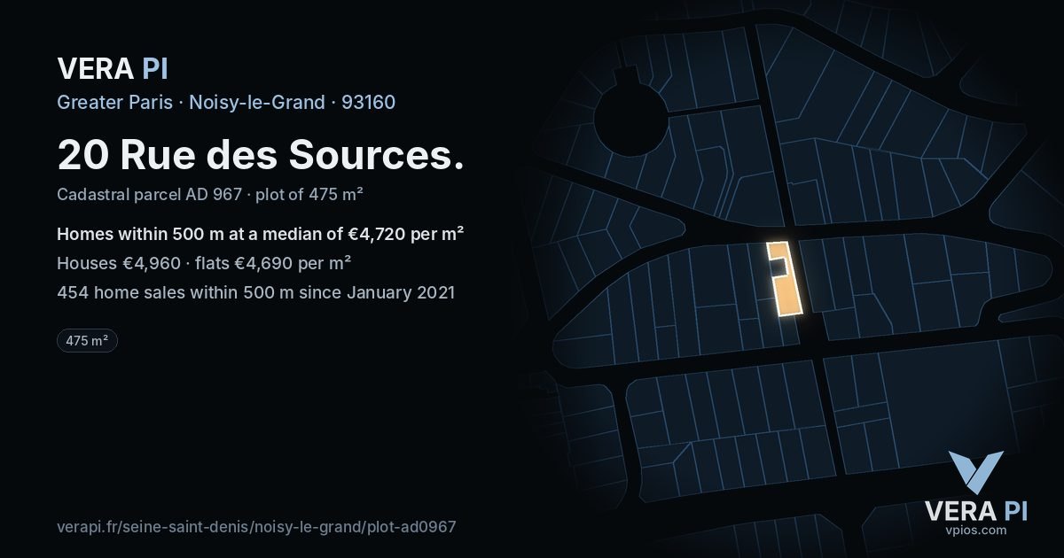 20 Rue des Sources, Noisy-le-Grand at night – the plot lit, the parcels around coloured by the prices near them