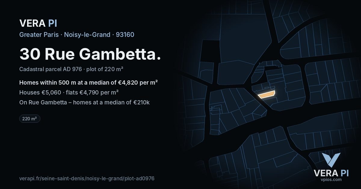 30 Rue Gambetta, Noisy-le-Grand at night – the plot lit, the parcels around coloured by the prices near them