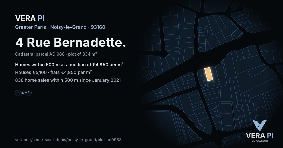 4 Rue Bernadette, Noisy-le-Grand at night – the plot lit, the parcels around coloured by the prices near them