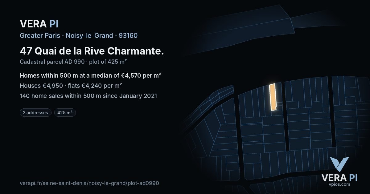 47 Quai de la Rive Charmante, Noisy-le-Grand at night – the plot lit, the parcels around coloured by the prices near them