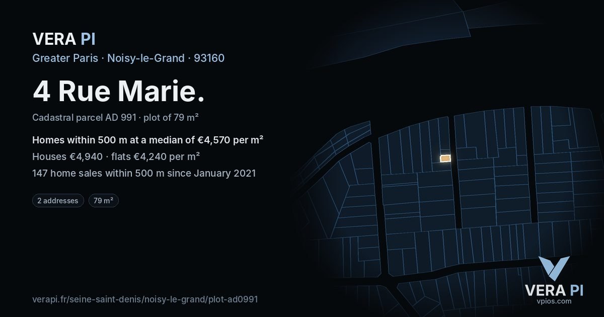 4 Rue Marie, Noisy-le-Grand at night – the plot lit, the parcels around coloured by the prices near them