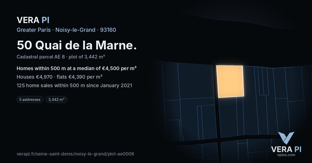50 Quai de la Marne, Noisy-le-Grand at night – the plot lit, the parcels around coloured by the prices near them