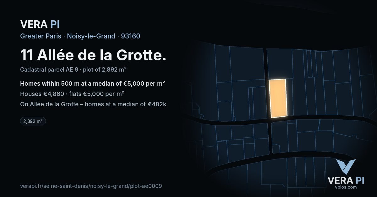 11 Allée de la Grotte, Noisy-le-Grand at night – the plot lit, the parcels around coloured by the prices near them