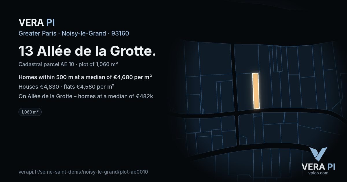 13 Allée de la Grotte, Noisy-le-Grand at night – the plot lit, the parcels around coloured by the prices near them
