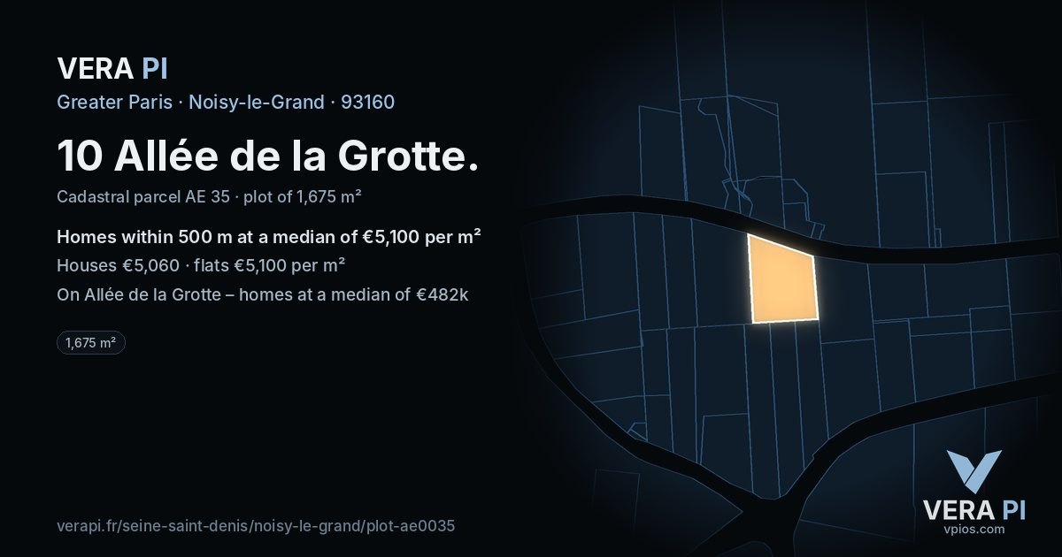 10 Allée de la Grotte, Noisy-le-Grand at night – the plot lit, the parcels around coloured by the prices near them