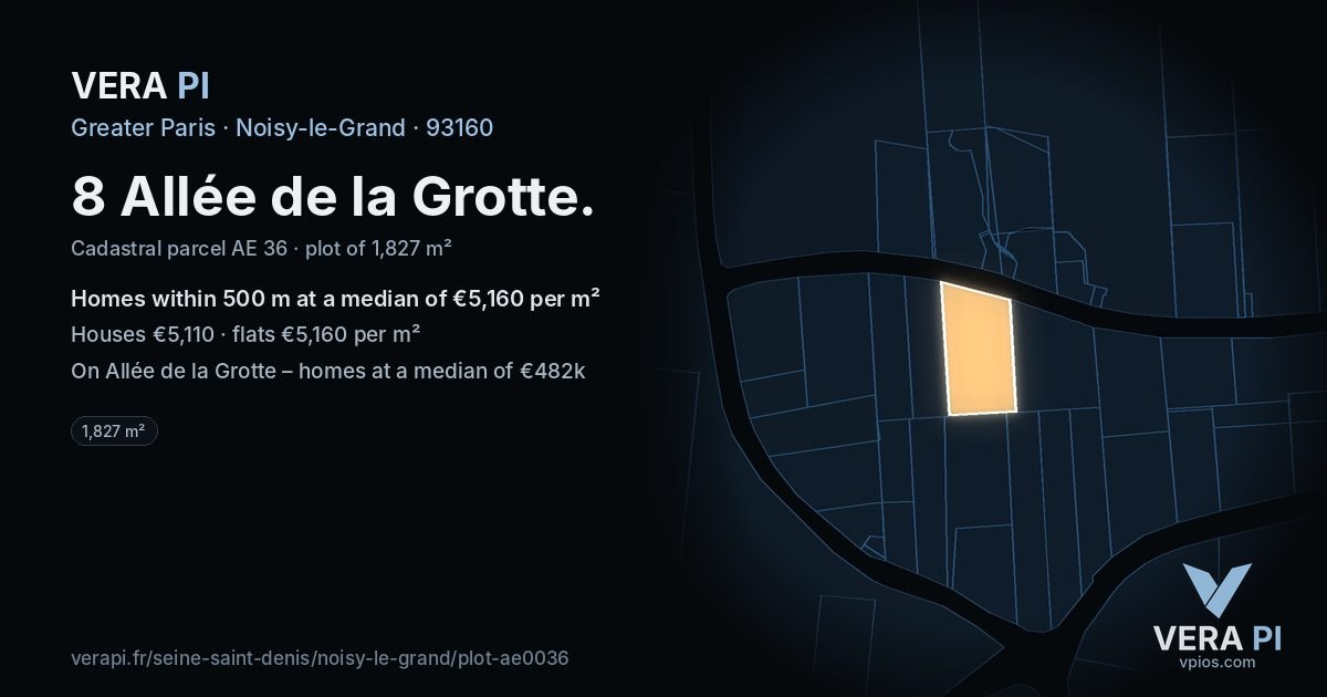 8 Allée de la Grotte, Noisy-le-Grand at night – the plot lit, the parcels around coloured by the prices near them