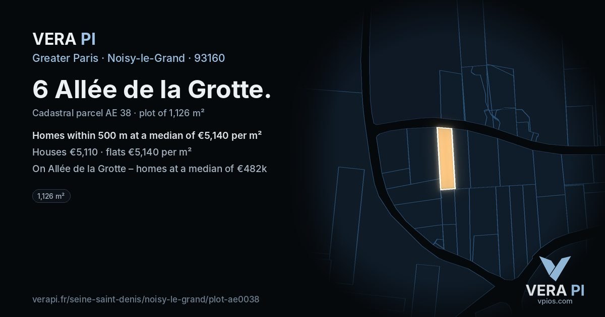 6 Allée de la Grotte, Noisy-le-Grand at night – the plot lit, the parcels around coloured by the prices near them