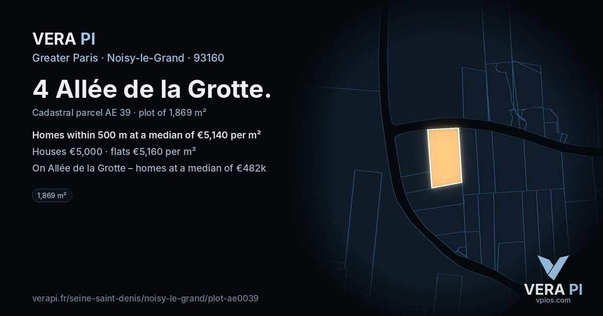 4 Allée de la Grotte, Noisy-le-Grand at night – the plot lit, the parcels around coloured by the prices near them