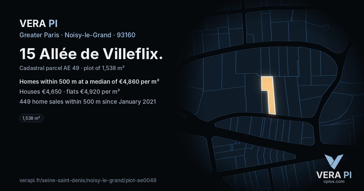 15 Allée de Villeflix, Noisy-le-Grand at night – the plot lit, the parcels around coloured by the prices near them