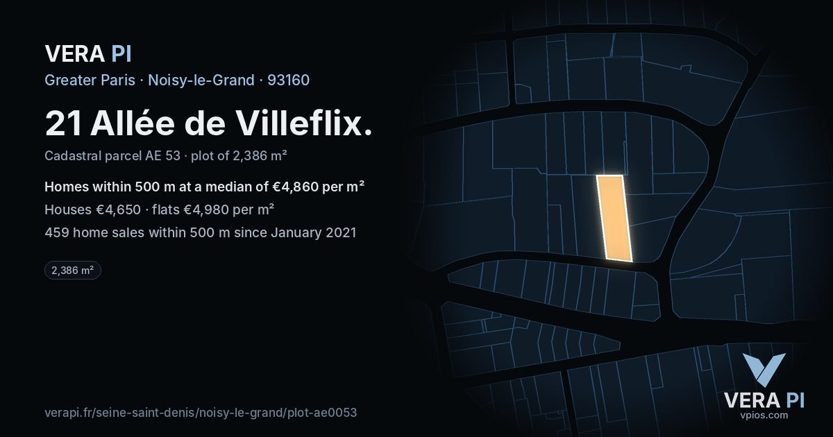 21 Allée de Villeflix, Noisy-le-Grand at night – the plot lit, the parcels around coloured by the prices near them