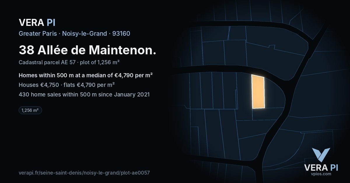 38 Allée de Maintenon, Noisy-le-Grand at night – the plot lit, the parcels around coloured by the prices near them