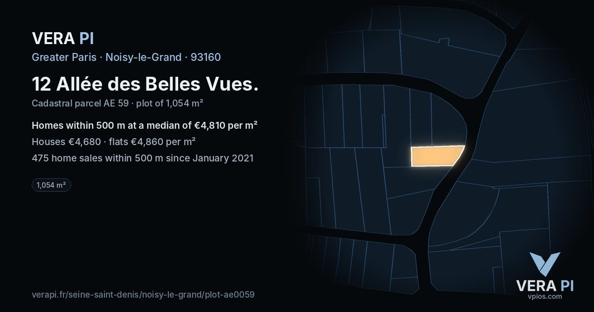 12 Allée des Belles Vues, Noisy-le-Grand at night – the plot lit, the parcels around coloured by the prices near them