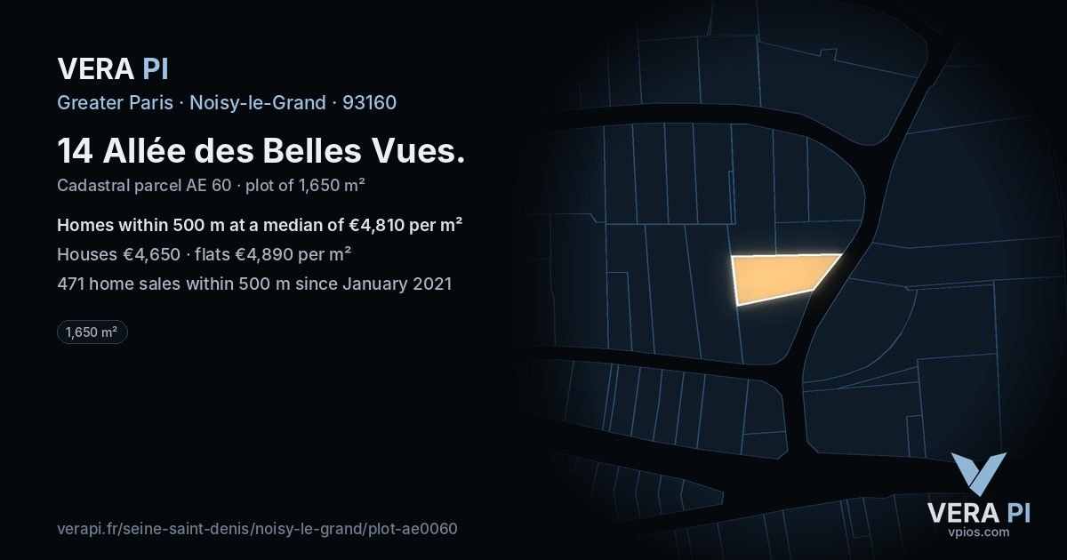 14 Allée des Belles Vues, Noisy-le-Grand at night – the plot lit, the parcels around coloured by the prices near them