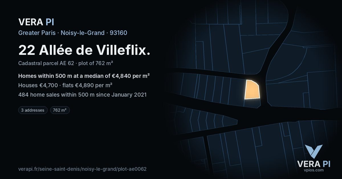 22 Allée de Villeflix, Noisy-le-Grand at night – the plot lit, the parcels around coloured by the prices near them