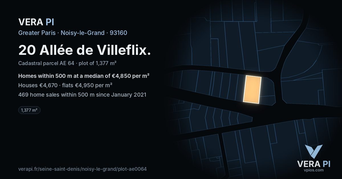 20 Allée de Villeflix, Noisy-le-Grand at night – the plot lit, the parcels around coloured by the prices near them