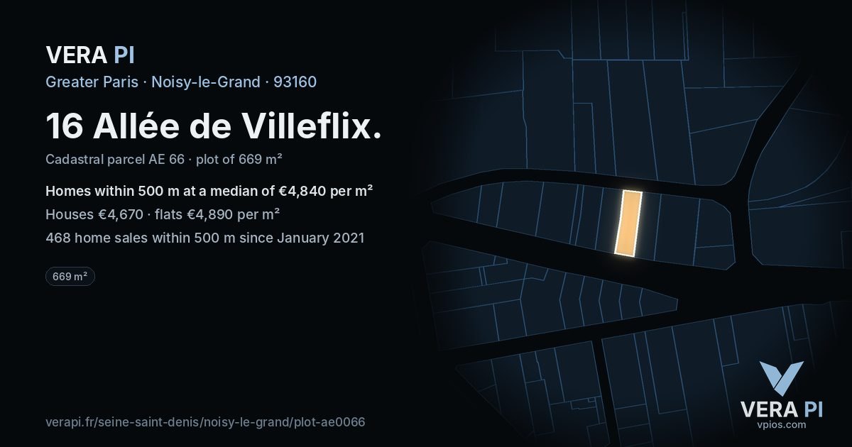 16 Allée de Villeflix, Noisy-le-Grand at night – the plot lit, the parcels around coloured by the prices near them
