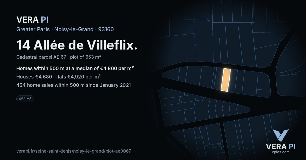 14 Allée de Villeflix, Noisy-le-Grand at night – the plot lit, the parcels around coloured by the prices near them