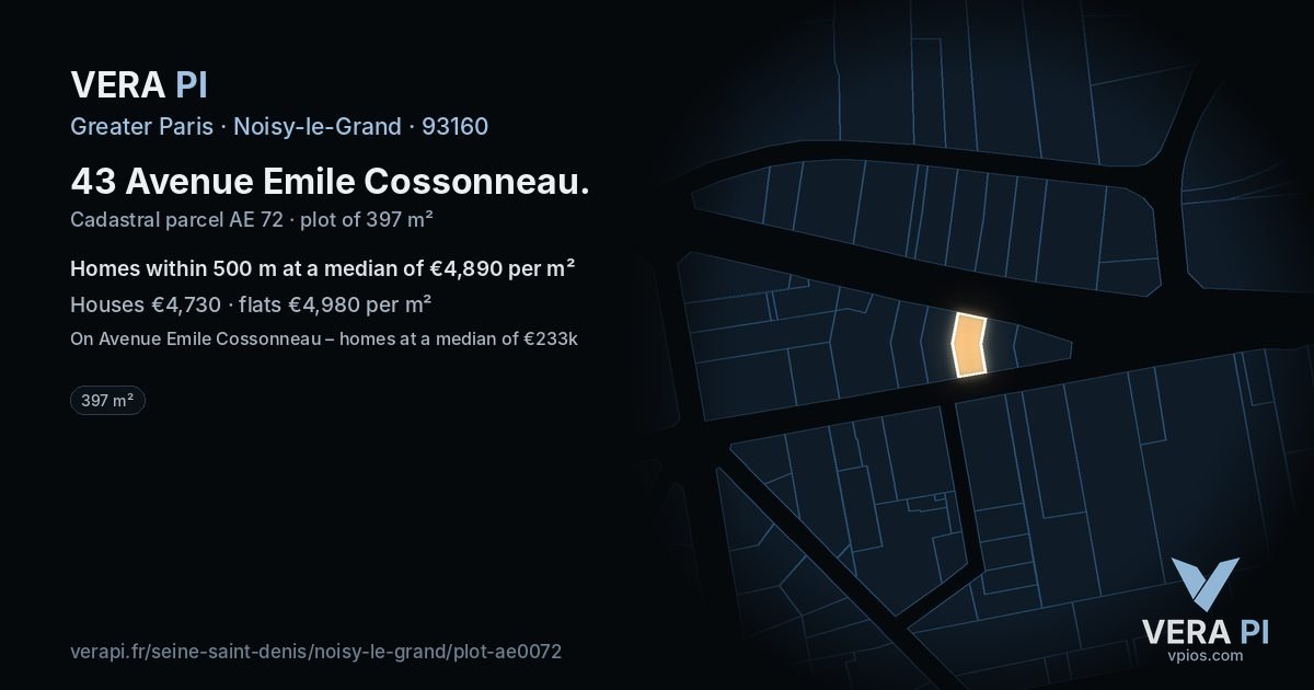 43 Avenue Emile Cossonneau, Noisy-le-Grand at night – the plot lit, the parcels around coloured by the prices near them