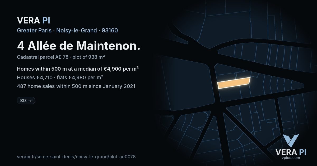 4 Allée de Maintenon, Noisy-le-Grand at night – the plot lit, the parcels around coloured by the prices near them