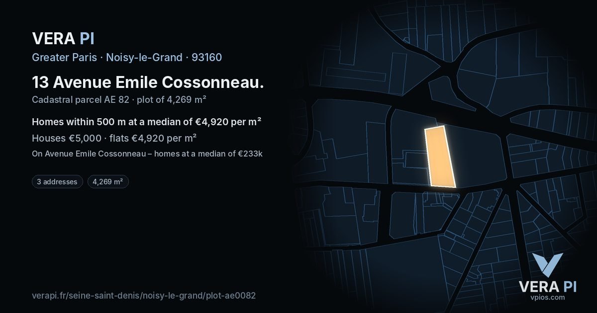 13 Avenue Emile Cossonneau, Noisy-le-Grand at night – the plot lit, the parcels around coloured by the prices near them