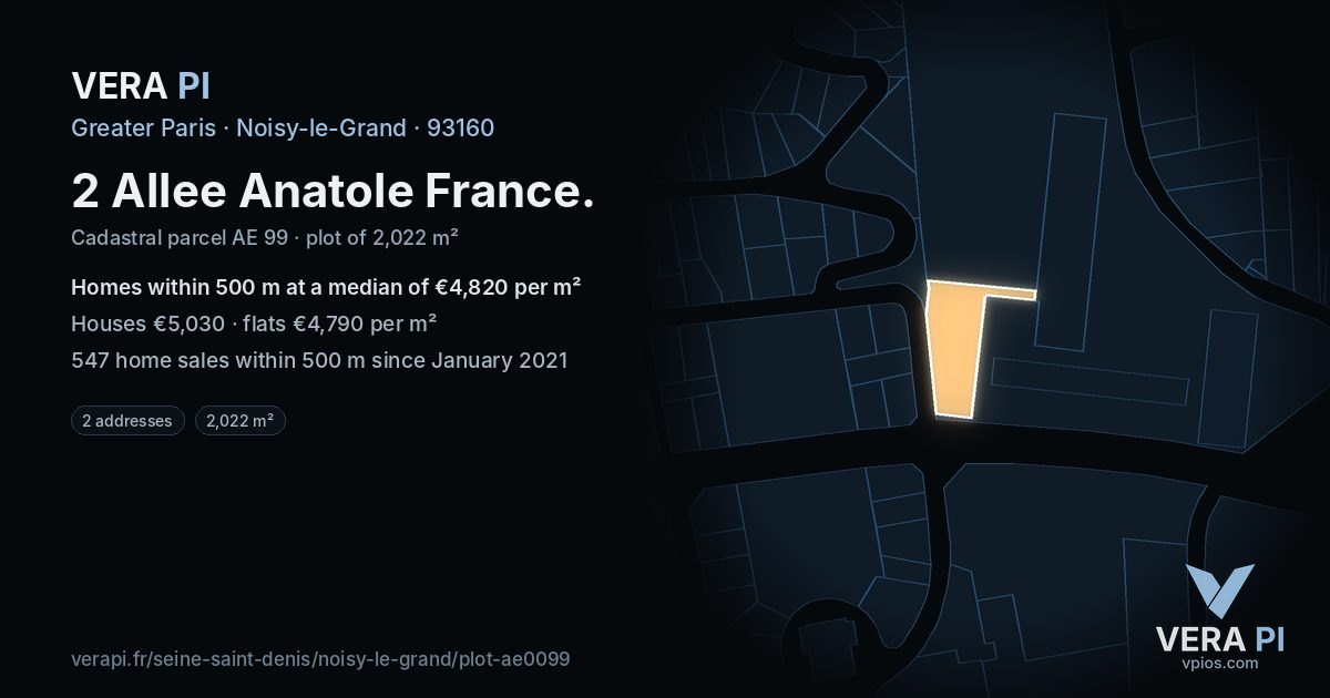 2 Allee Anatole France, Noisy-le-Grand at night – the plot lit, the parcels around coloured by the prices near them