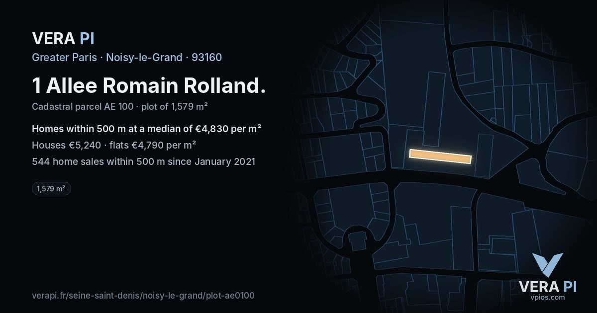 1 Allee Romain Rolland, Noisy-le-Grand at night – the plot lit, the parcels around coloured by the prices near them
