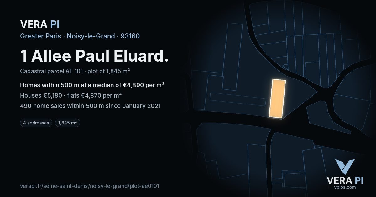 1 Allee Paul Eluard, Noisy-le-Grand at night – the plot lit, the parcels around coloured by the prices near them