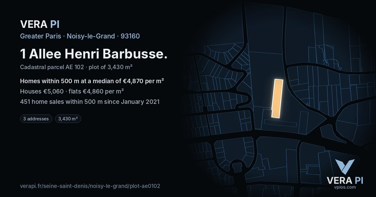 1 Allee Henri Barbusse, Noisy-le-Grand at night – the plot lit, the parcels around coloured by the prices near them