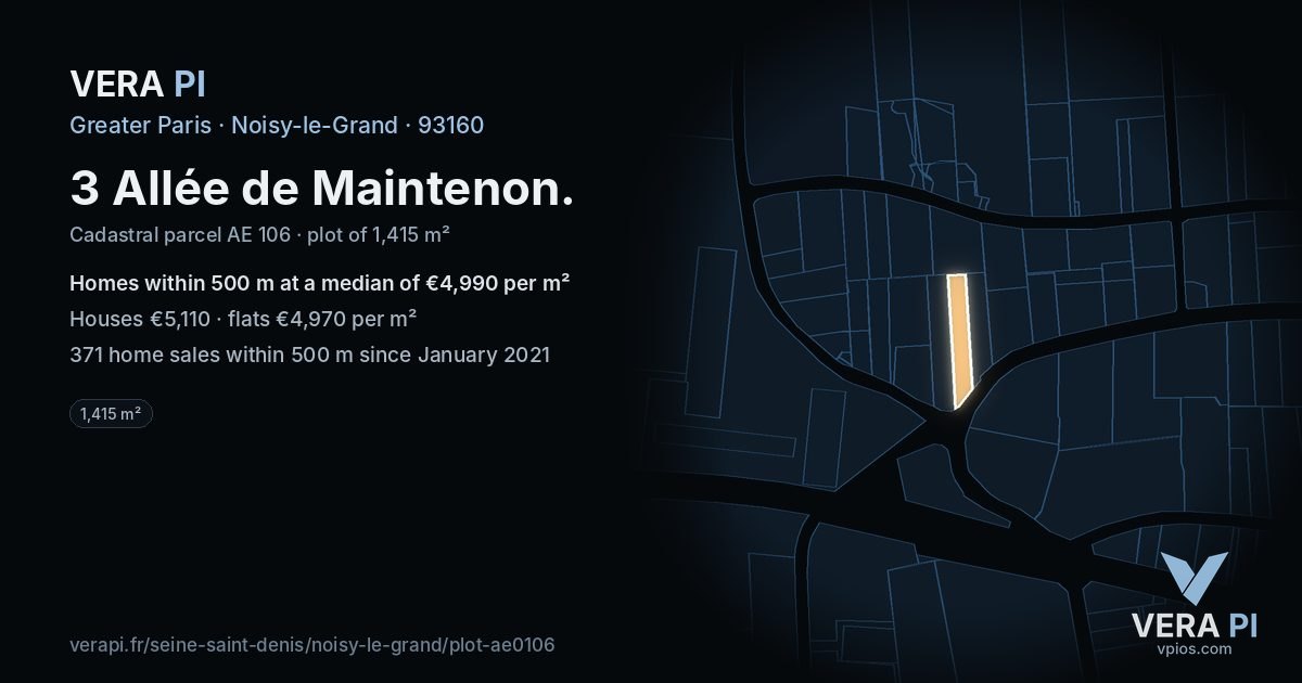 3 Allée de Maintenon, Noisy-le-Grand at night – the plot lit, the parcels around coloured by the prices near them