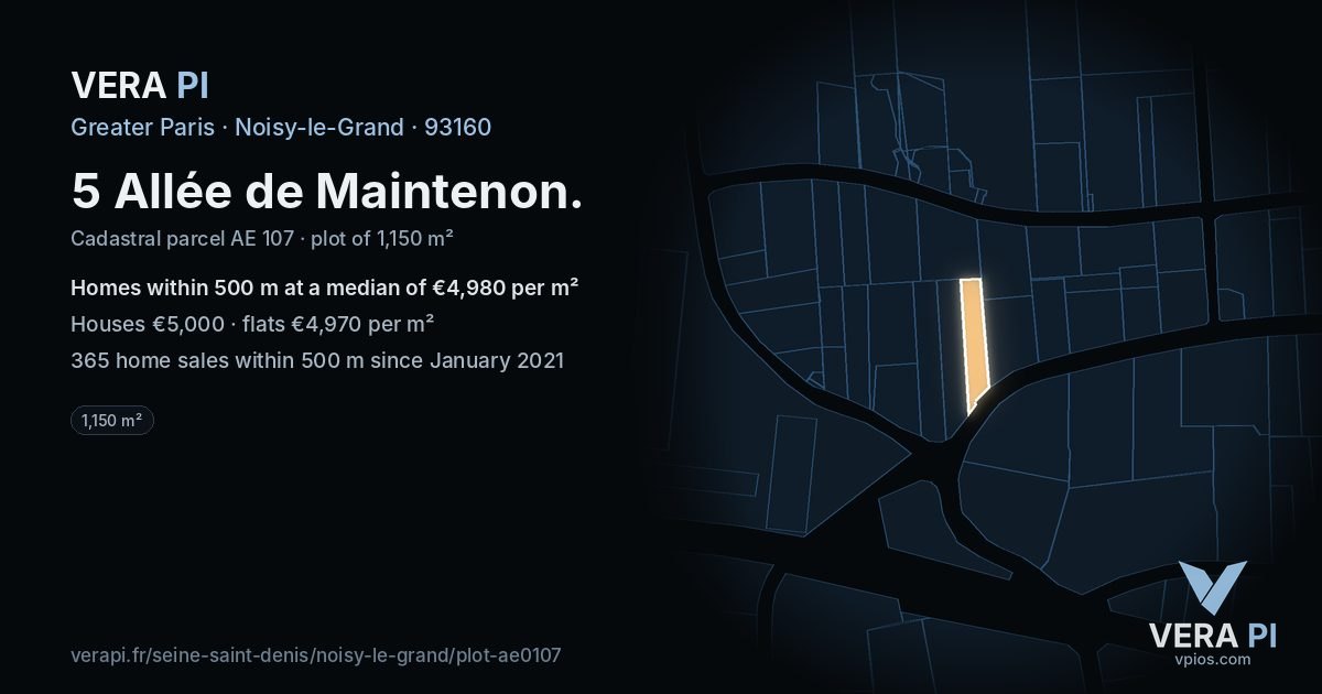 5 Allée de Maintenon, Noisy-le-Grand at night – the plot lit, the parcels around coloured by the prices near them