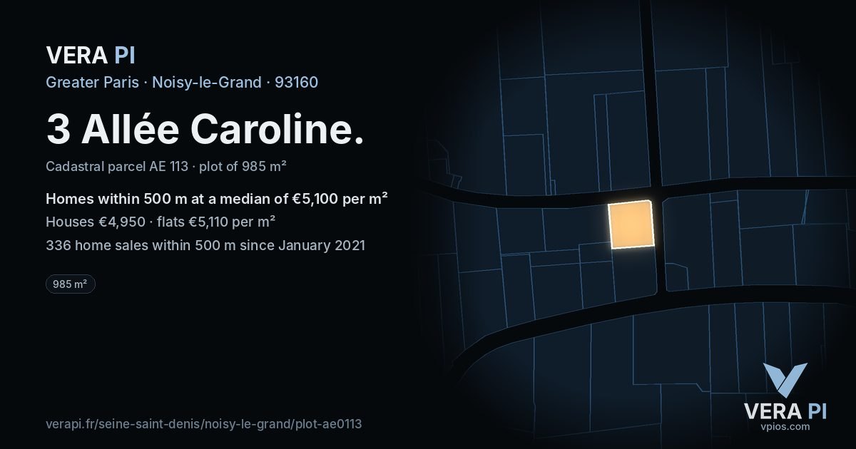 3 Allée Caroline, Noisy-le-Grand at night – the plot lit, the parcels around coloured by the prices near them
