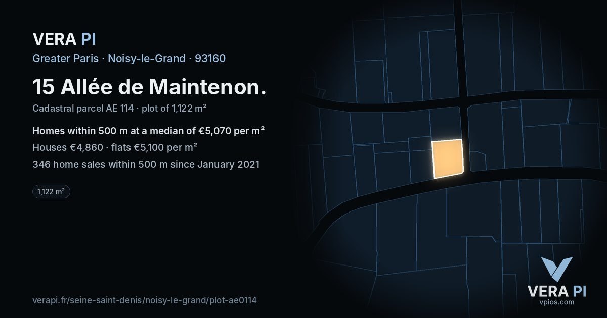 15 Allée de Maintenon, Noisy-le-Grand at night – the plot lit, the parcels around coloured by the prices near them