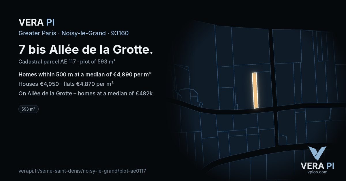 7 bis Allée de la Grotte, Noisy-le-Grand at night – the plot lit, the parcels around coloured by the prices near them