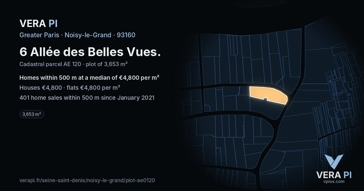 6 Allée des Belles Vues, Noisy-le-Grand at night – the plot lit, the parcels around coloured by the prices near them