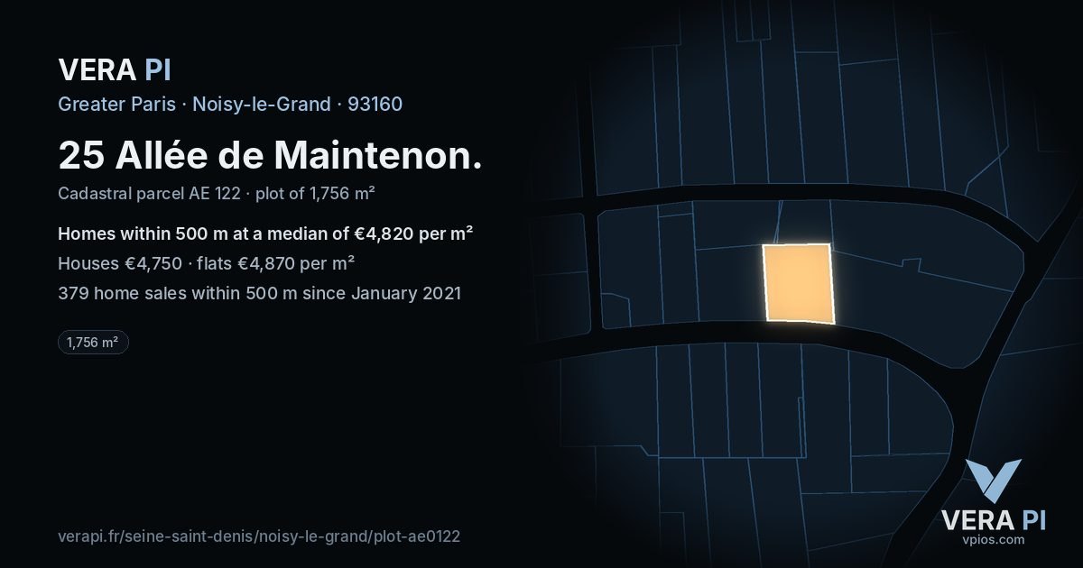 25 Allée de Maintenon, Noisy-le-Grand at night – the plot lit, the parcels around coloured by the prices near them