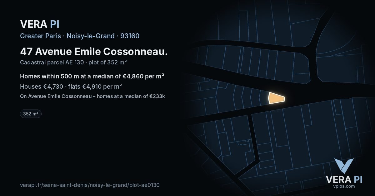 47 Avenue Emile Cossonneau, Noisy-le-Grand at night – the plot lit, the parcels around coloured by the prices near them