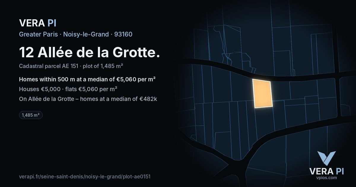 12 Allée de la Grotte, Noisy-le-Grand at night – the plot lit, the parcels around coloured by the prices near them