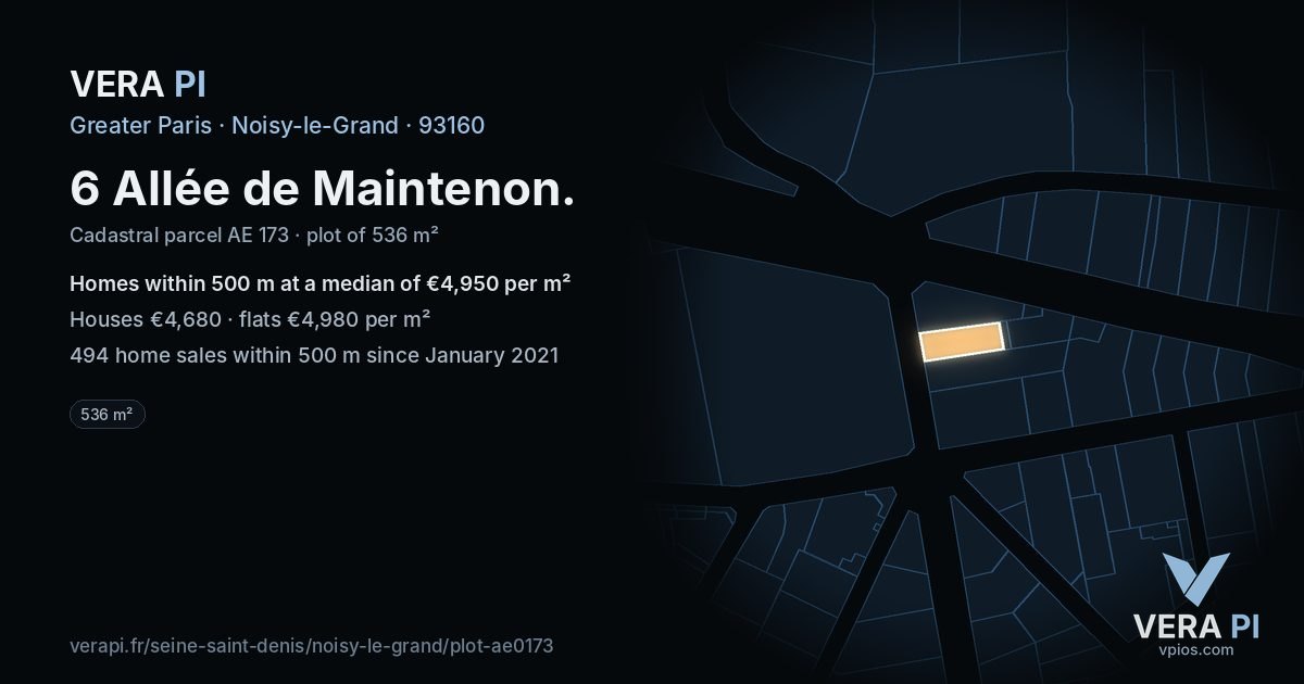 6 Allée de Maintenon, Noisy-le-Grand at night – the plot lit, the parcels around coloured by the prices near them